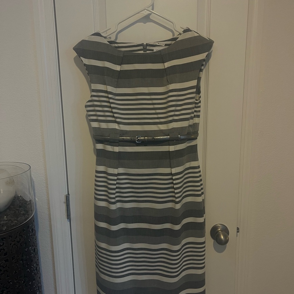 Calvin Klein Gray and White Striped Midi Dress